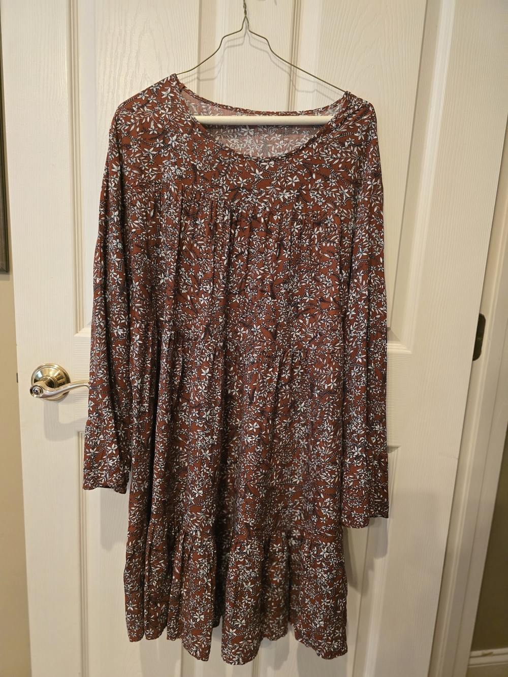 SHEIN Rust Floral Long-Sleeve Tiered Dress